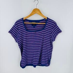 Y2K Tommy Hilfiger Striped Scoop Neck Short Sleeve Blue Red Size XL Patriotic